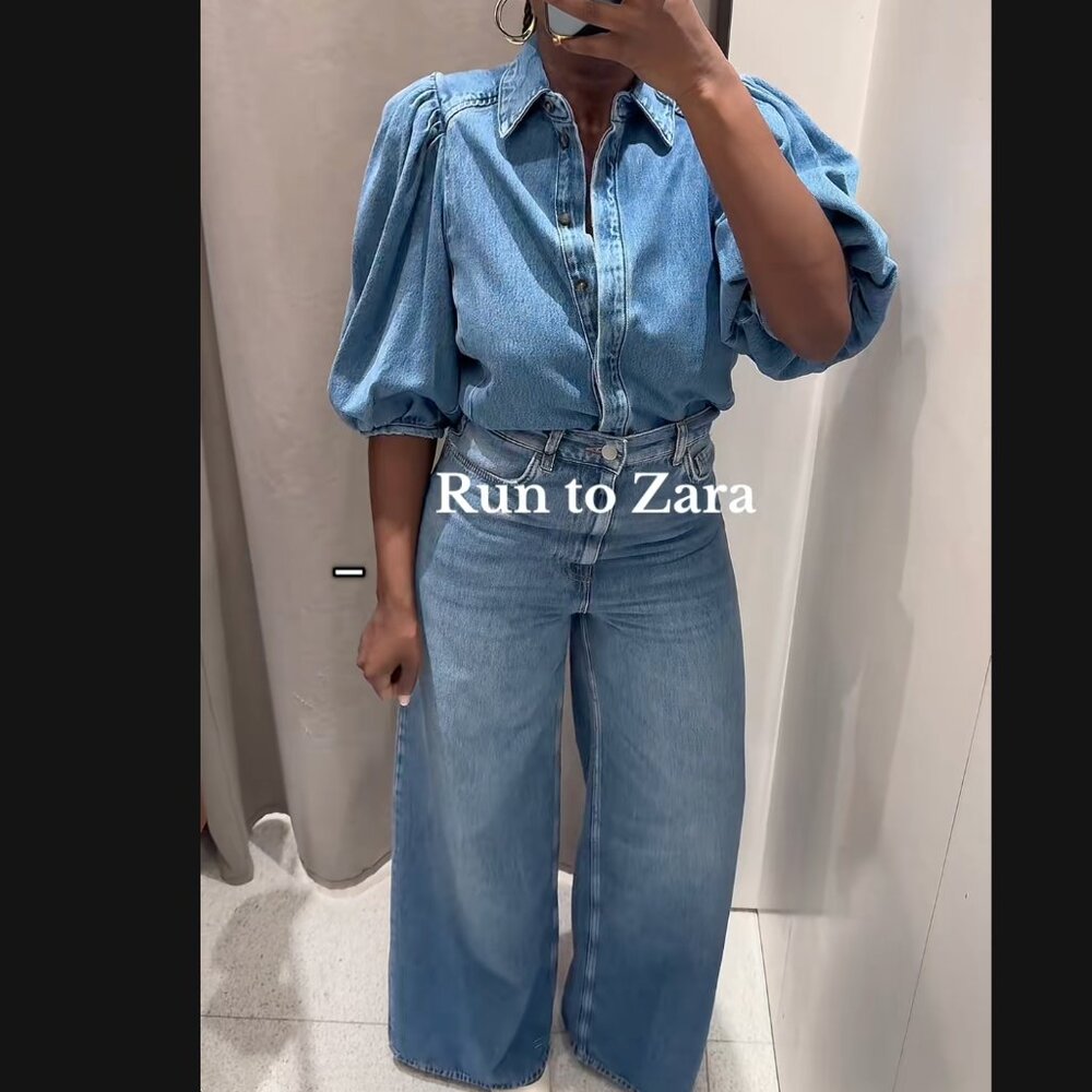 Zara ZW COLLECTION DENIM BLOUSE Puff sleeves Blue S M L NWT - Picture 8 of 15